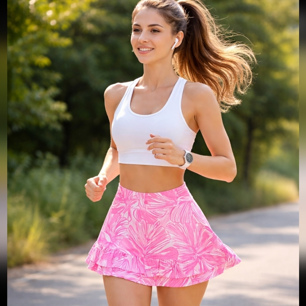Lilly Pulitzer Luxletic Pink and White Ruffled Mini Skorts Size XL